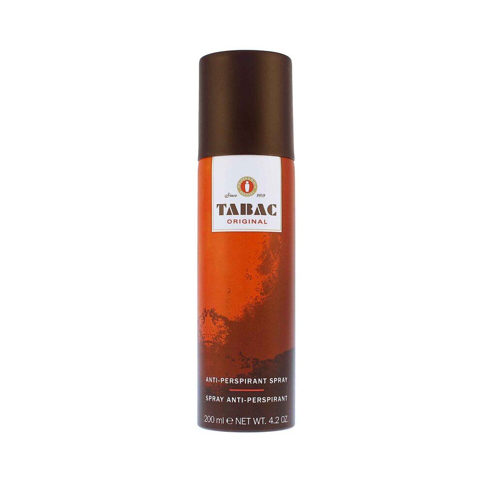 Deodorant-Spray mit braunem Deckel. Tabac Original-Logo und Schriftzug. Aufschrift: Anti-Perspirant Spray, 200 ml.