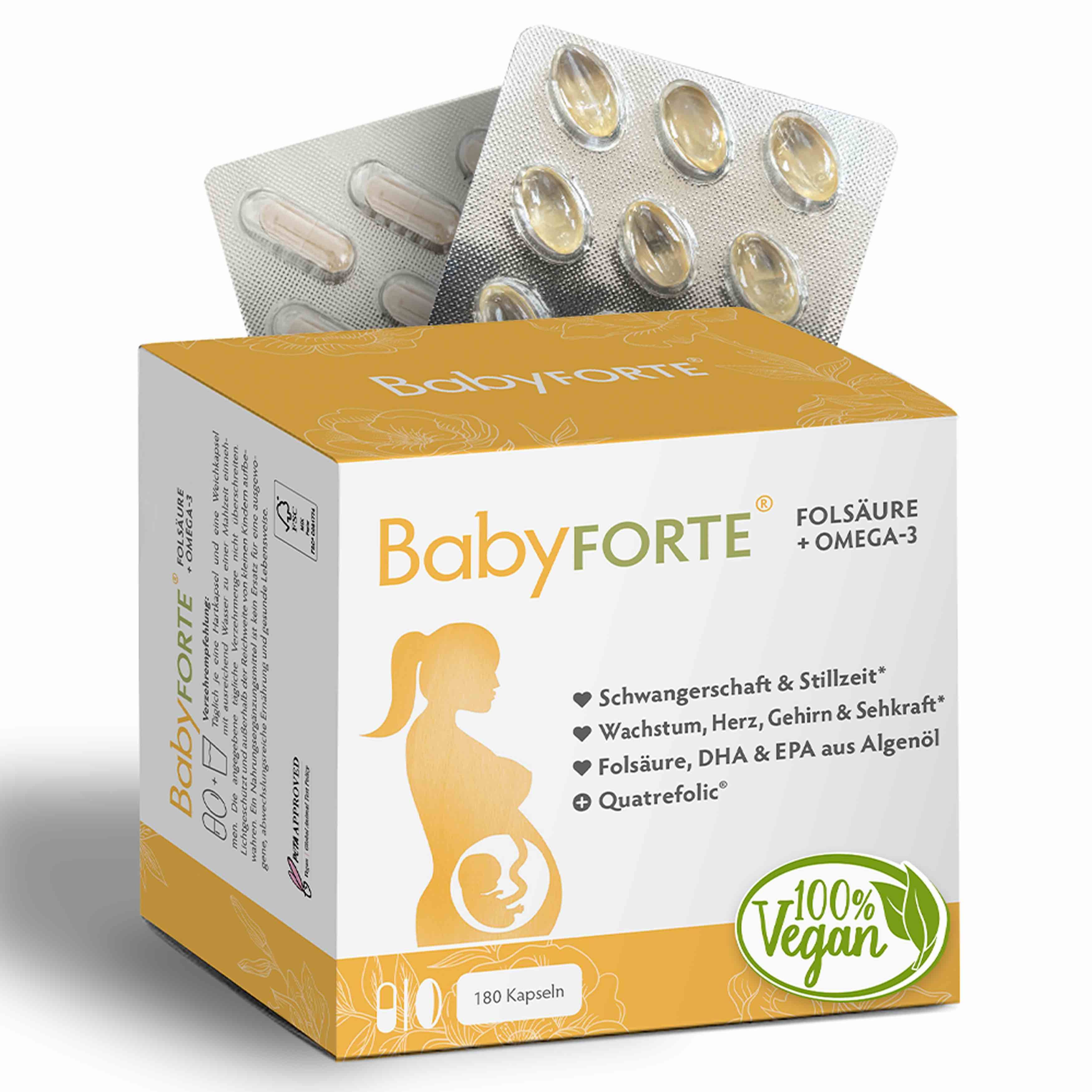BabyFORTE® Folsäure + Omega-3 Packung mit Kapseln. Text: Schwangerschaft & Stillzeit, Wachstum, Herz, Gehirn & Sehkraft, DHA & EPA aus Algenöl.