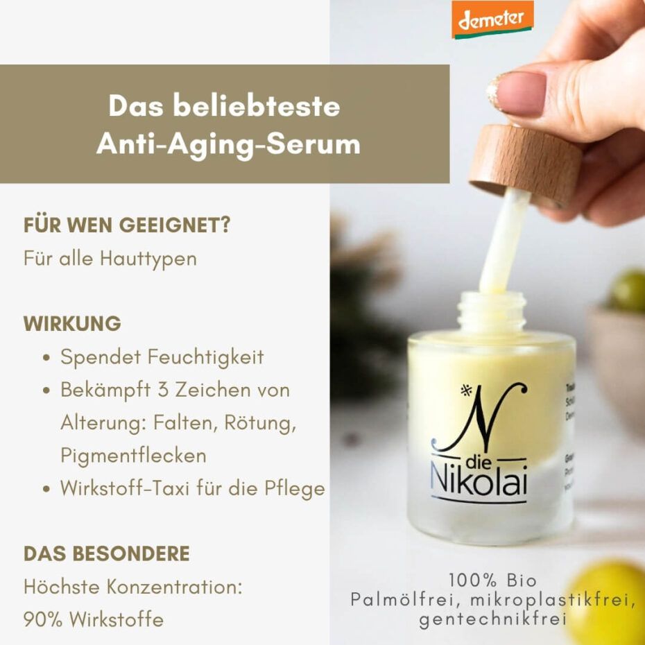 Serumflasche mit Pipette. Holzdeckel, Glasflasche mit Aufschrift. Text: "die Nikolai". Demeter-Logo. Text: "100% Bio".