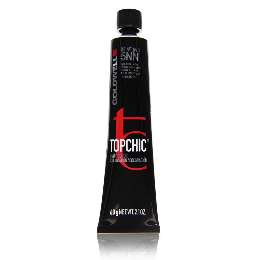 Schwarze Tube Goldwell Topchic Permanent Hair Color #5NN. Text: The Naturals, 60g Net Wt. 2.1OZ. Farbton: hellbraun extra.