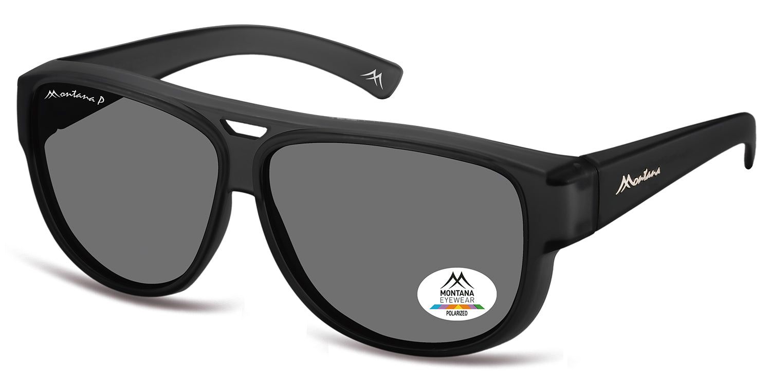 Schwarze Sonnen-Überbrille. Graue Gläser. Montana Eyewear Logo auf dem Bügel und Glas. Polarisierte Gläser.