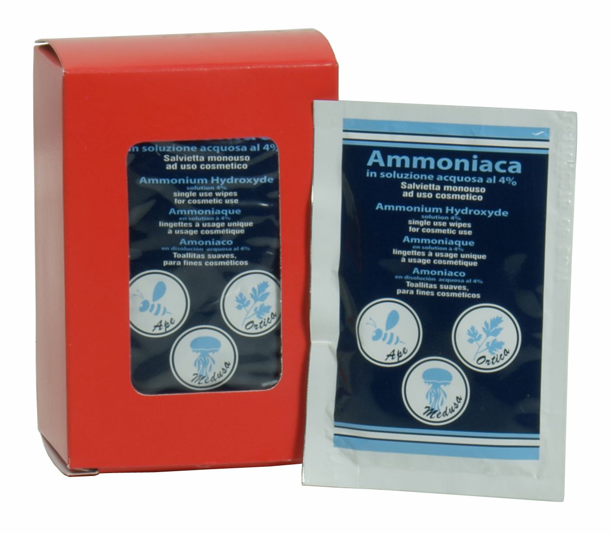 Verpackung mit einer einzelnen Einweg-Tuchpackung für Insektenstiche, Ammoniaklösung 4%. Rote Box mit Sichtfenster.