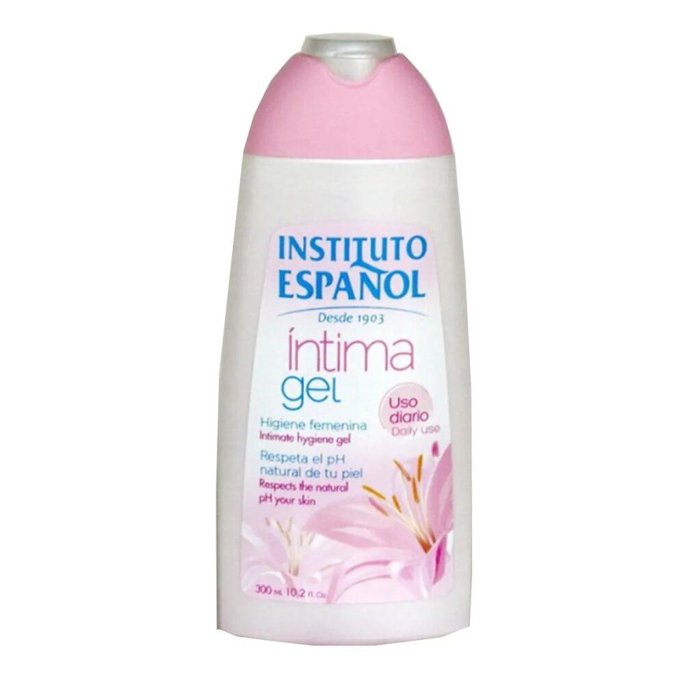 Weiß-rosa Flasche mit Produktnamen und floralem Design. Text: Intima Gel, Uso diario, pH-Wert. Instituto Español.