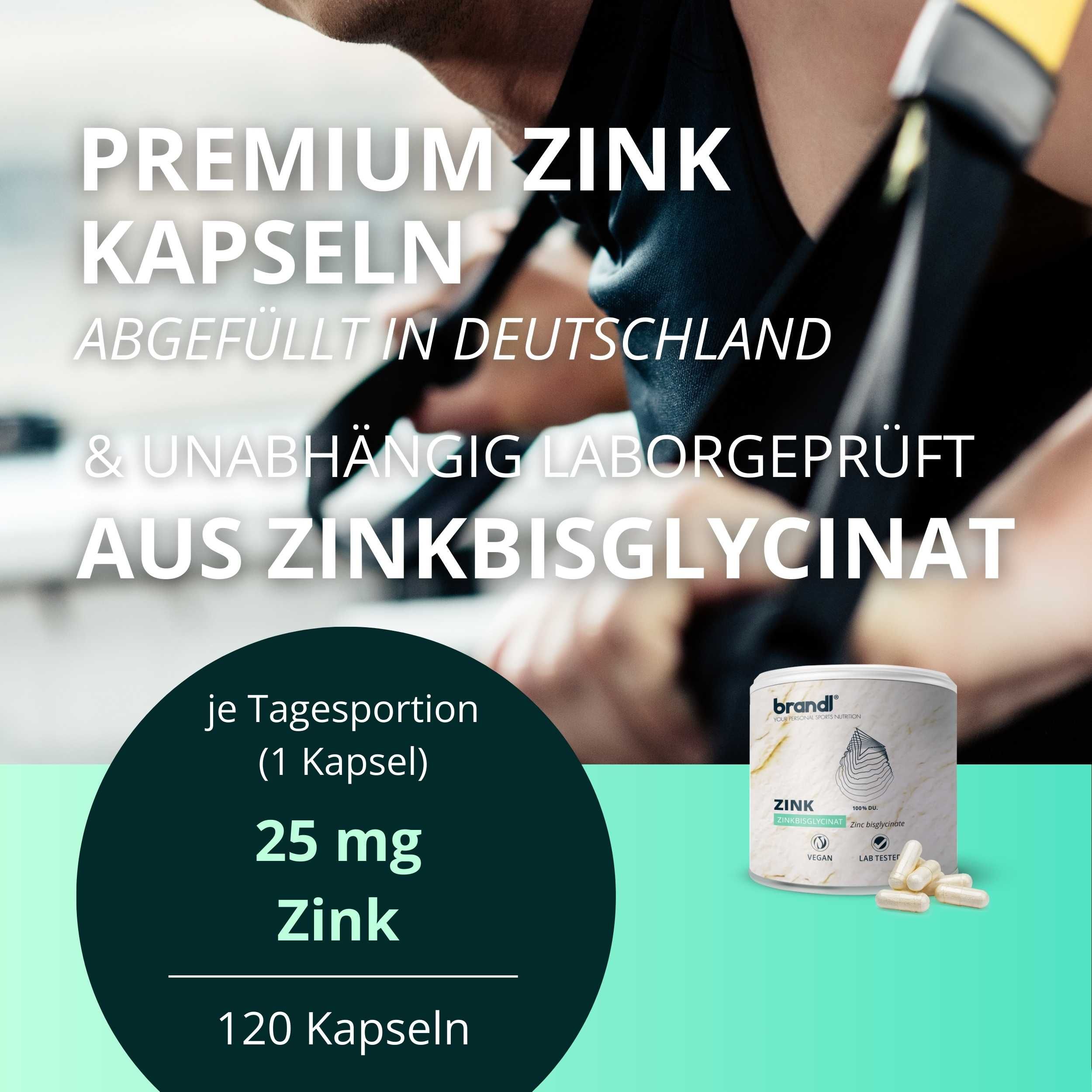 Dose brandl® Zink Bisglycinat mit Kapseln. Text: Premium Zink Kapseln, 25 mg Zink, 120 Kapseln. Grün-weiße Verpackung.