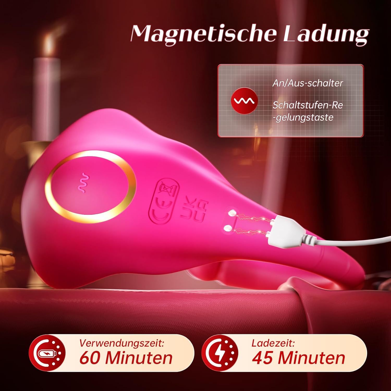 Pinker Vibrator mit magnetischer Ladebuchse und beleuchtetem Knopf. Zeigt Ladezeit und Nutzungsdauer an.