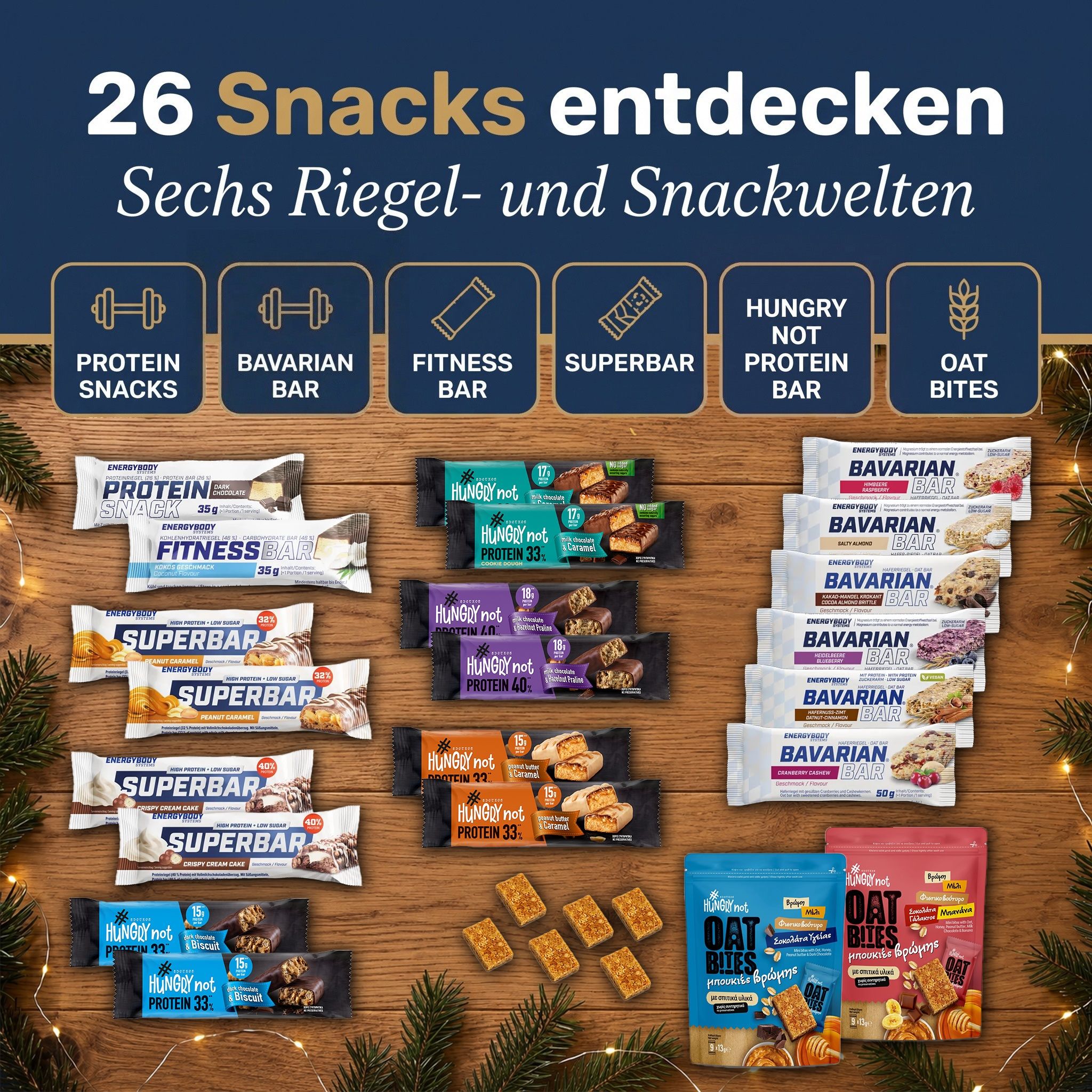 Adventskalender mit 26 Protein- und Oat Bars in verschiedenen Sorten.