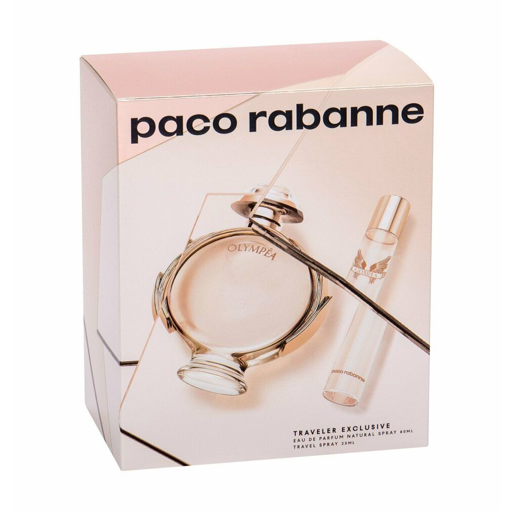 Verpackung mit Paco Rabanne-Schriftzug. Enthält Flakon, Mini-Flakon und Zerstäuber. Olympea-Schriftzug sichtbar.