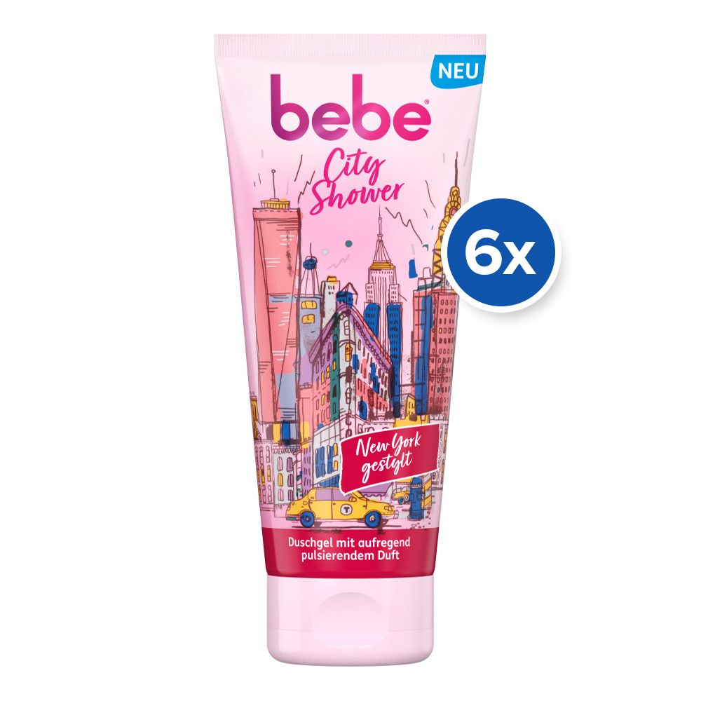 Rosa Tube mit bebe Duschgel "City Shower New York". Illustration von New York. Aufschrift "6x".