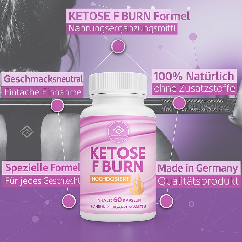 Weiße Flasche mit rosa Etikett. Aufschrift: Ketose F Burn, 60 Kapseln. Pharma Health Logo. Zusätzliche Textfelder.