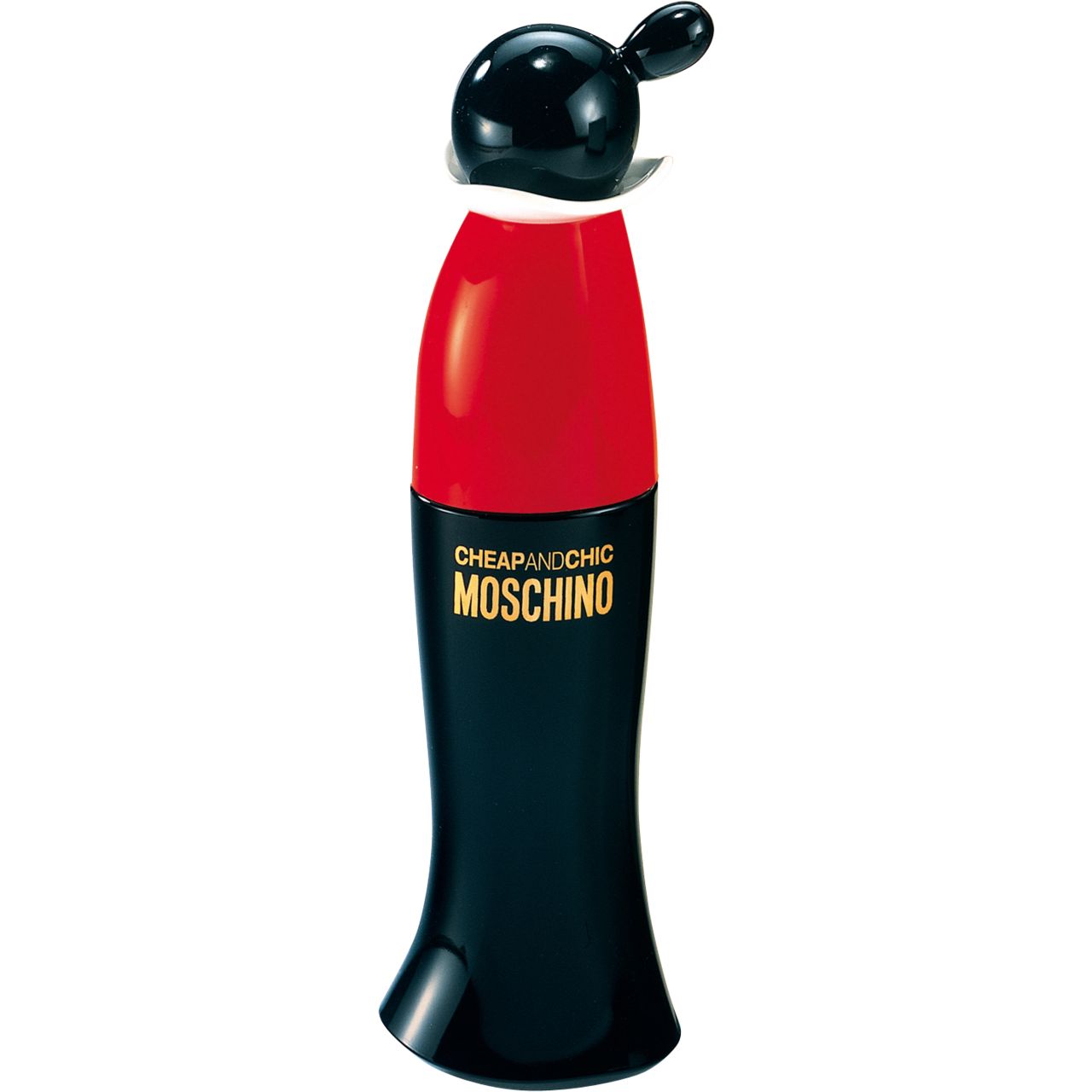Flacone nero, testa rossa e tappo nero. Scritta dorata: Cheap and Chic Moschino.