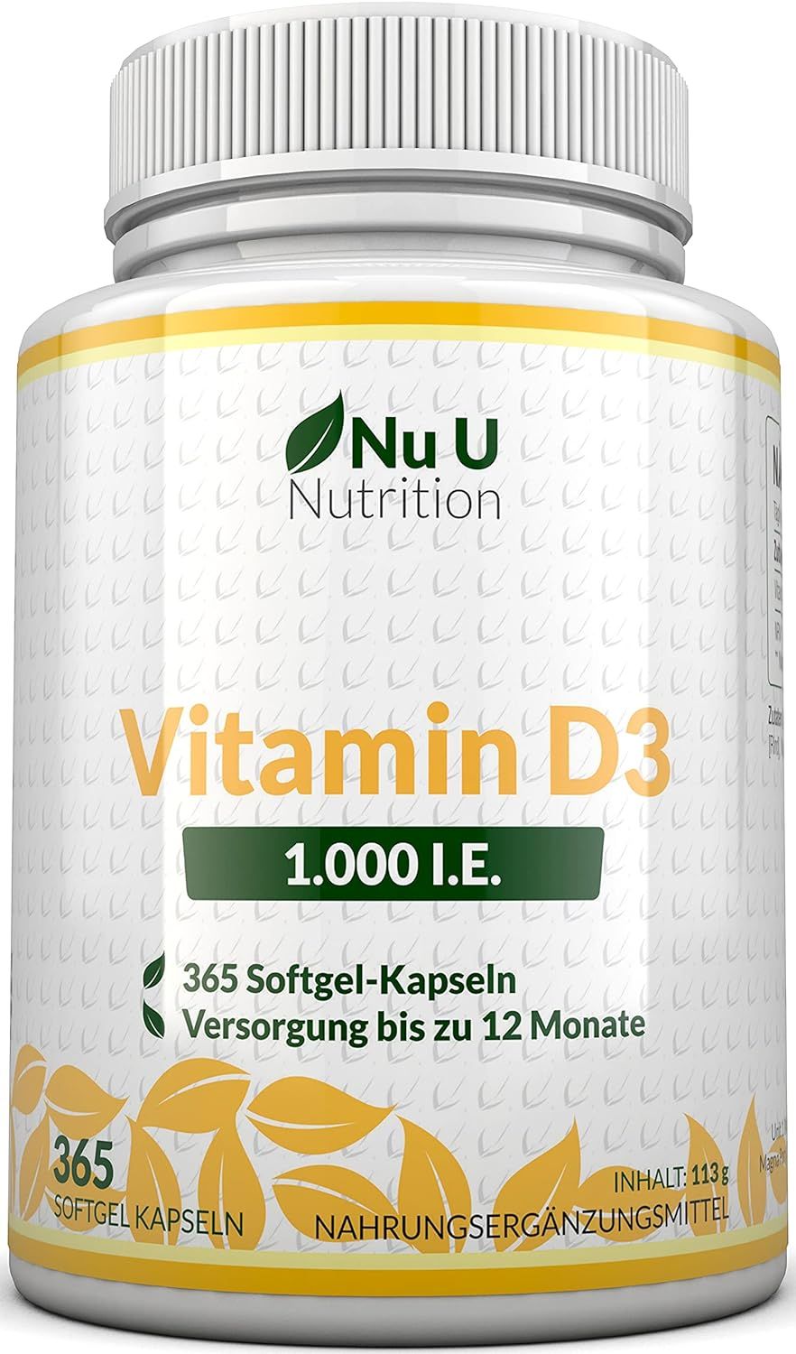 Eine Flasche Vitamin D3. Aufschrift: "Vitamin D3 1.000 I.E." und "365 Softgel-Kapseln".