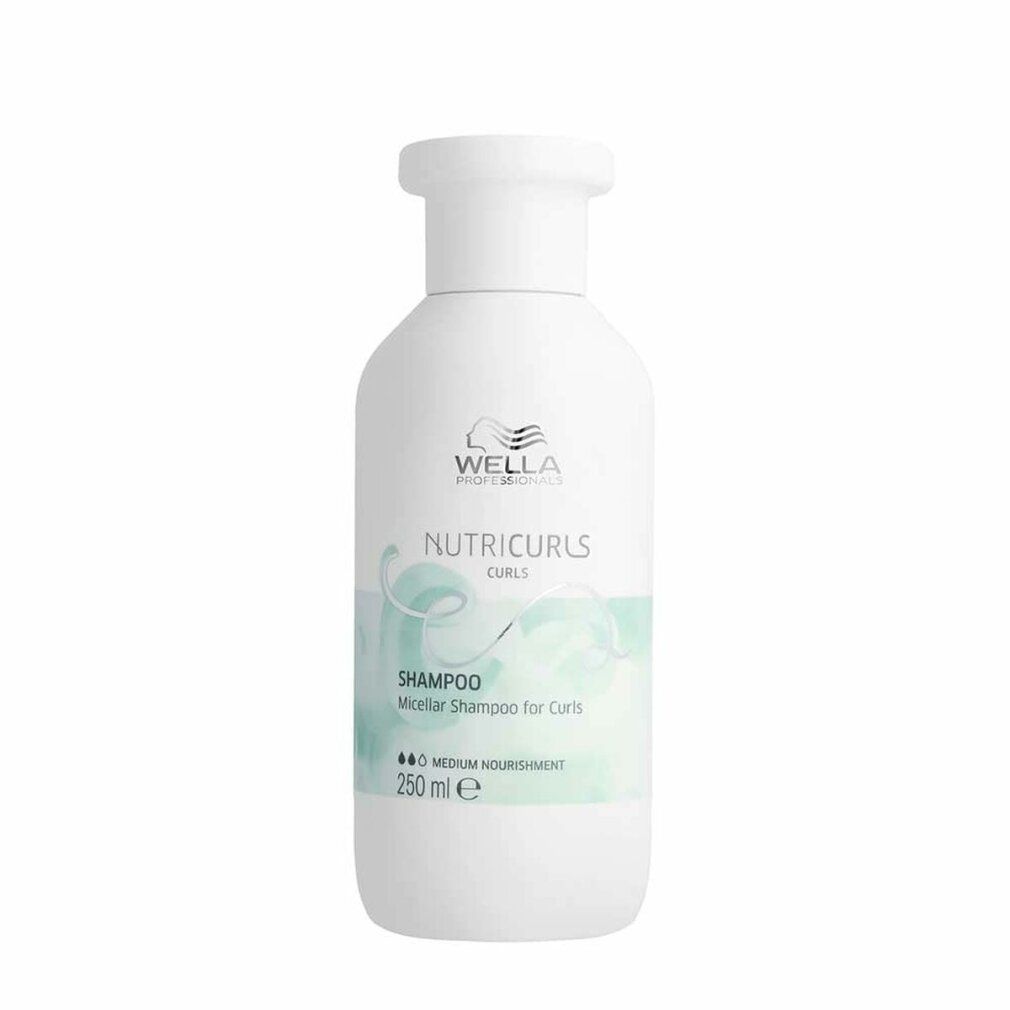 Weiße Shampoo-Flasche mit Wella-Logo. Text: Nutricurls Curls, Shampoo, 250 ml.