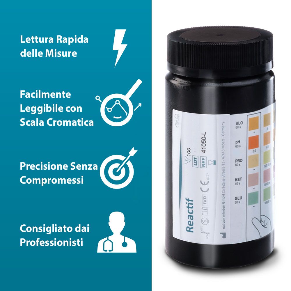 Strisce e confezione. Scritta: Reactif. Strisce reattive per 5 parametri.