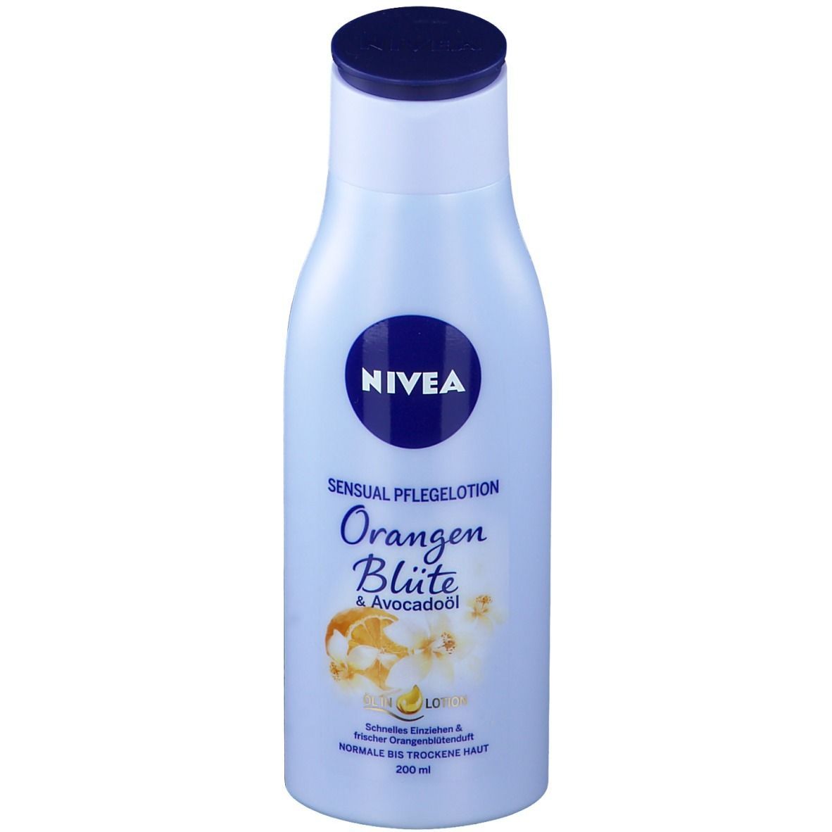 Hellblaue Flasche mit blauem Deckel. Aufschrift: NIVEA Sensual Pflegelotion Orangen Blüte & Avocadoöl. Produktabbildung.