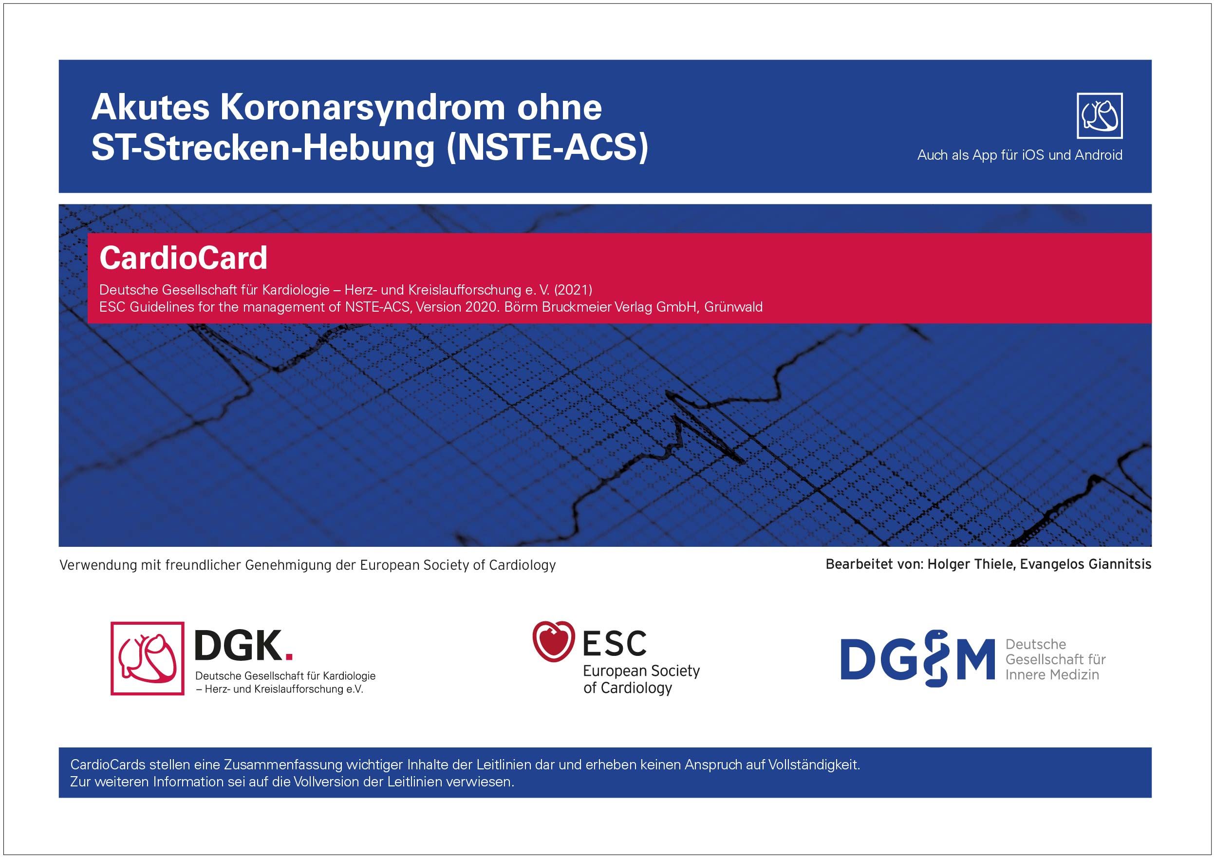 Karte mit Titel "Akutes Koronarsyndrom ohne ST-Strecken-Hebung (NSTE-ACS)". Logos von DGK, ESC und DGfM.