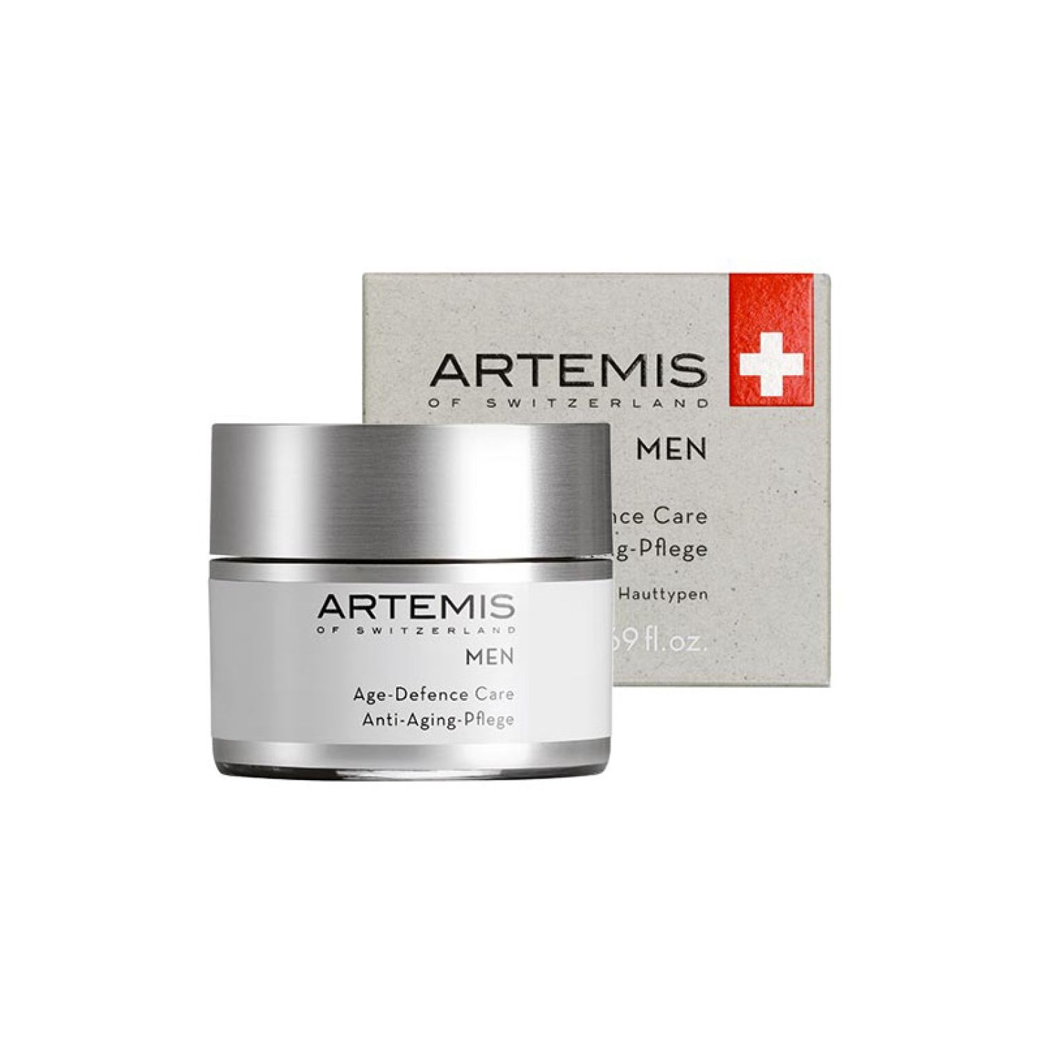 Creme-Tiegel mit Deckel und Karton. Aufschrift: ARTEMIS OF SWITZERLAND MEN Age-Defence Care Anti-Aging-Pflege.