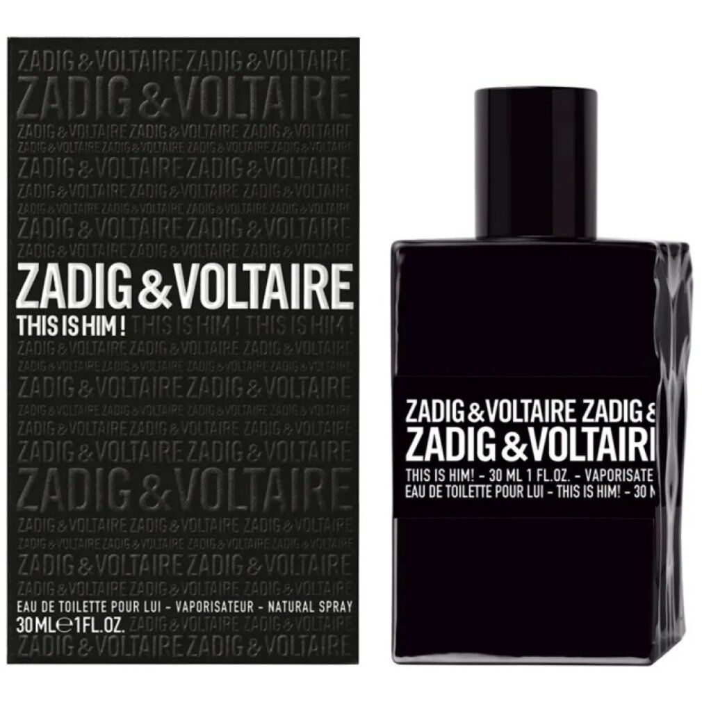 Schwarzer Flakon und Verpackung. Text: ZADIG & VOLTAIRE, THIS IS HIM! Eau de Toilette. 30 ml.