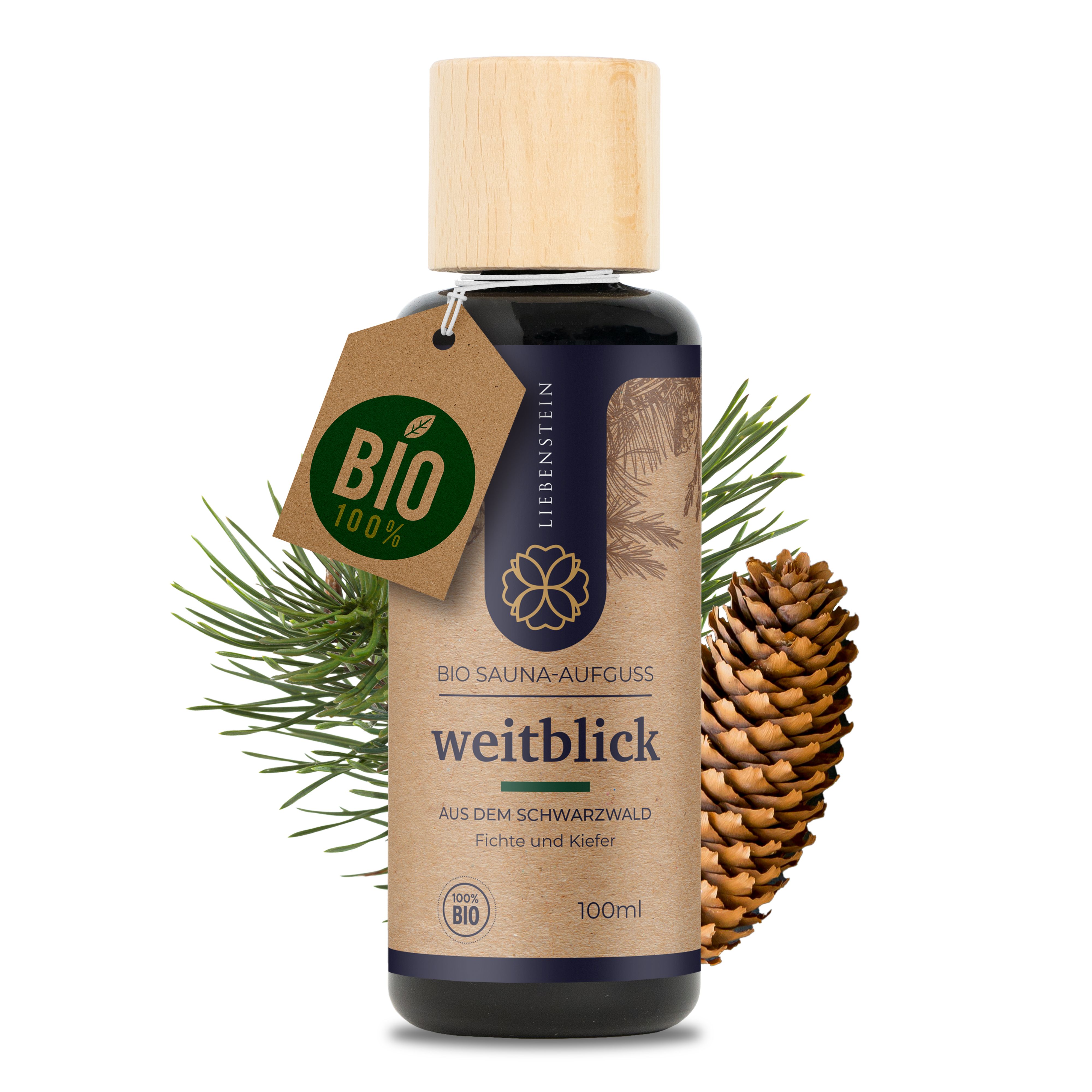 Braune Flasche mit Holzdeckel und Etikett. BIO-Siegel. Aufschrift: Weitblick, Fichte & Kiefer. Tannenzweig und Zapfen.