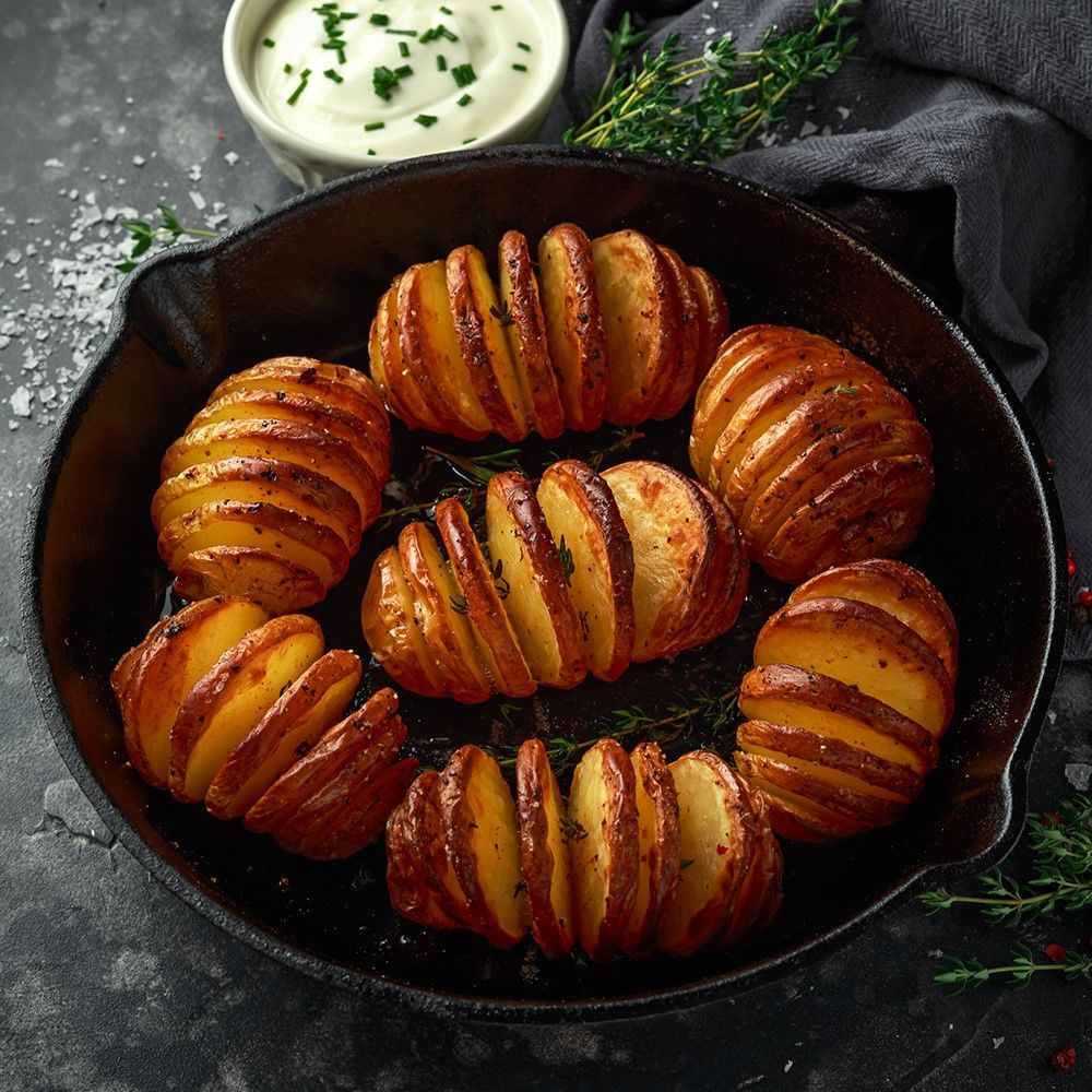 Gebratene Kartoffeln in einer schwarzen Pfanne. Die Kartoffeln sind in Scheiben geschnitten und mit Kräutern garniert. Auf einem dunklen Untergrund.