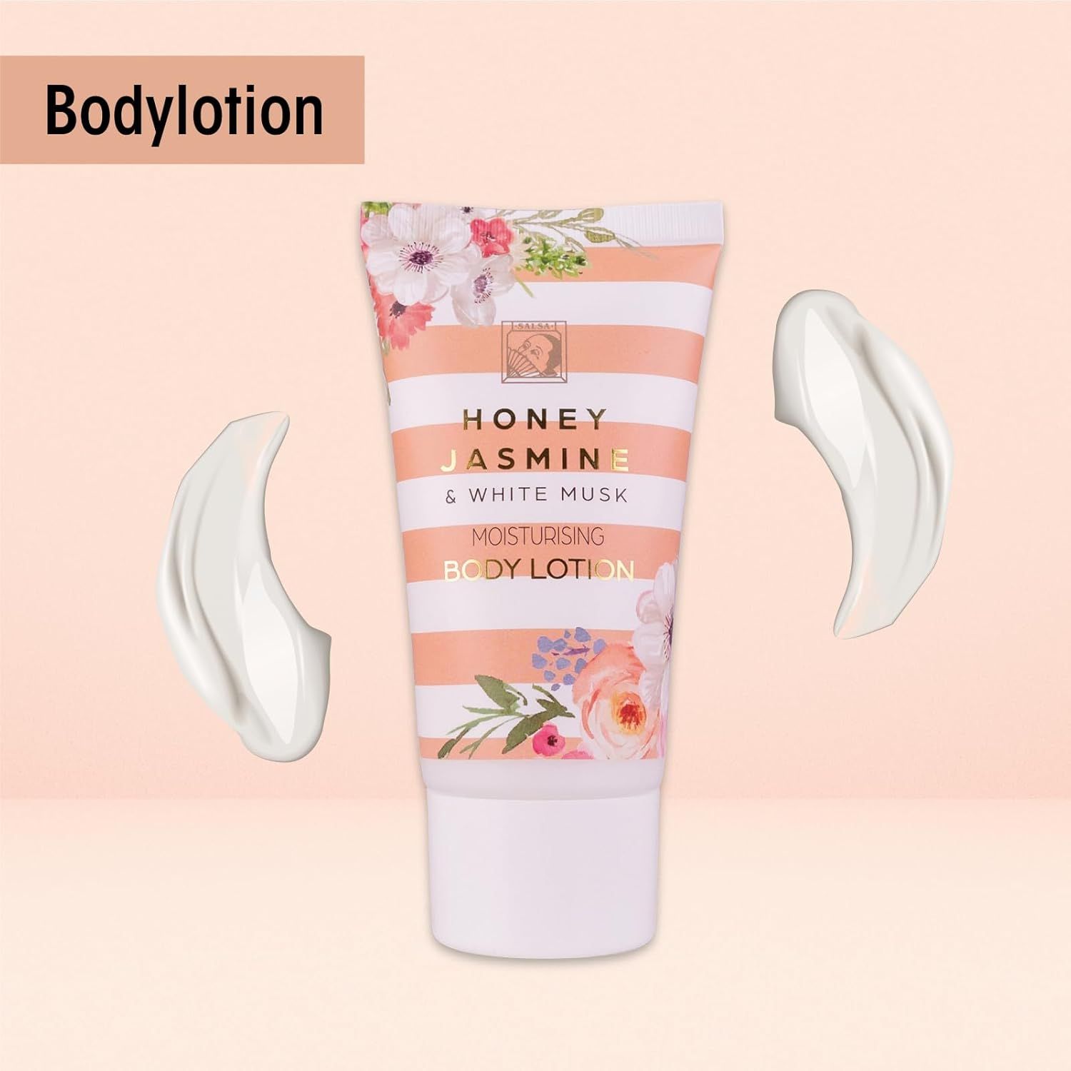 Bodylotion-Tube mit rosa Streifen. Text: Honey Jasmine & White Musk. Zwei Kleckse Creme daneben.