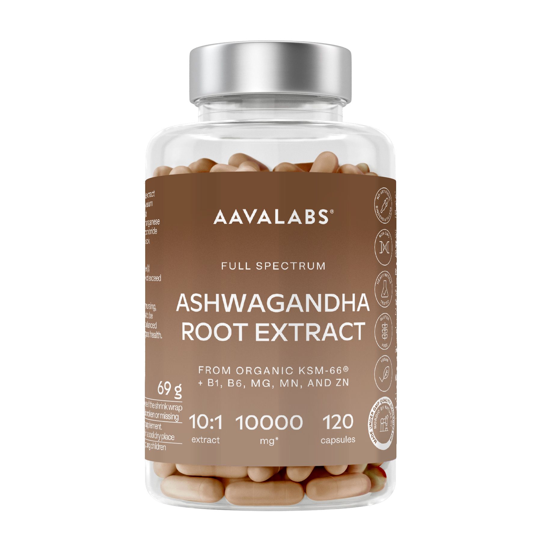 Braune Kapseln in einer transparenten Flasche mit silbernem Deckel. Aufschrift: Aavalabs, Ashwagandha Root Extract.