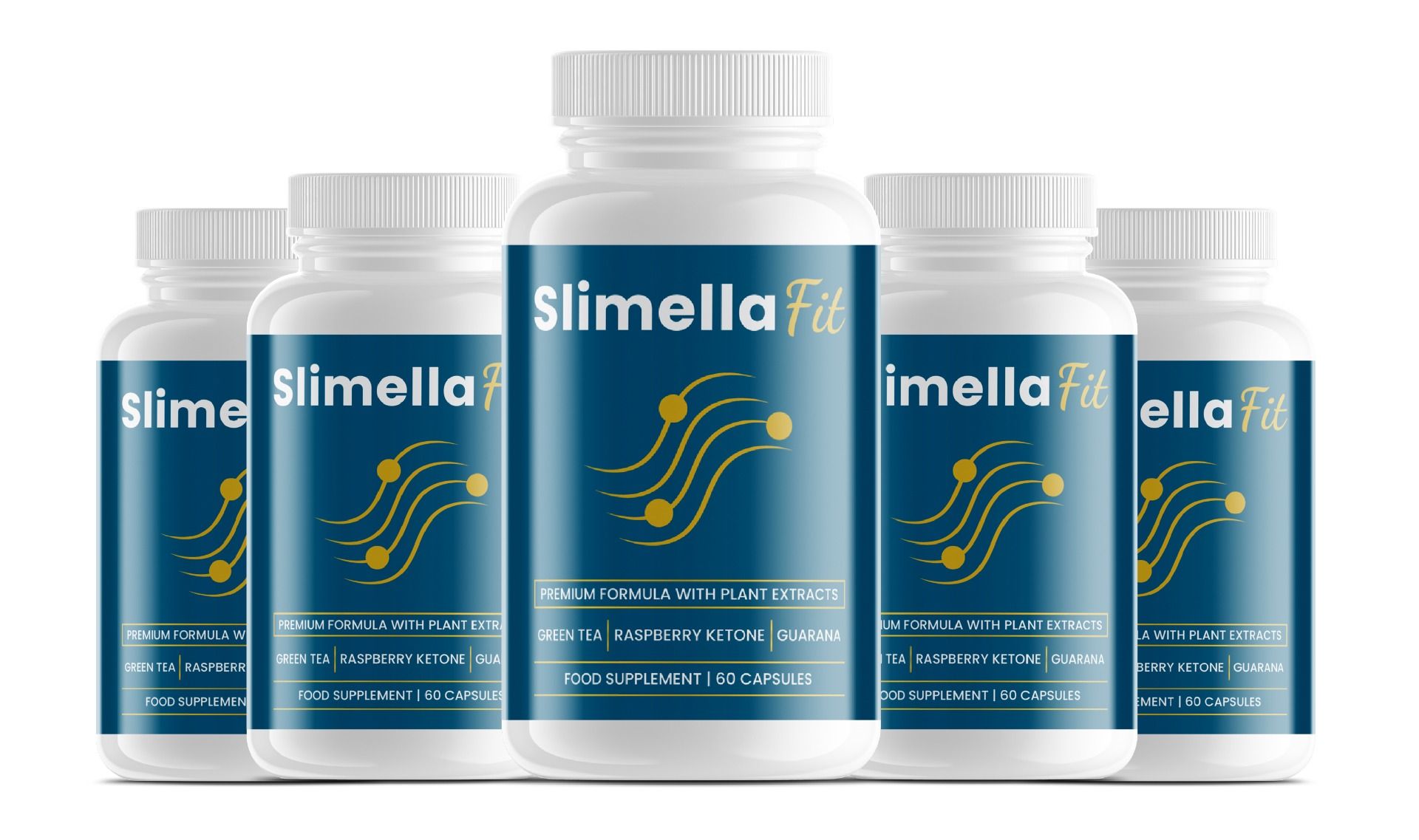 Fünf weiße Flaschen mit blauem Etikett. Aufschrift Slimella Fit. Enthält 60 Kapseln. Enthält Grüntee, Himbeerketon und Guarana.