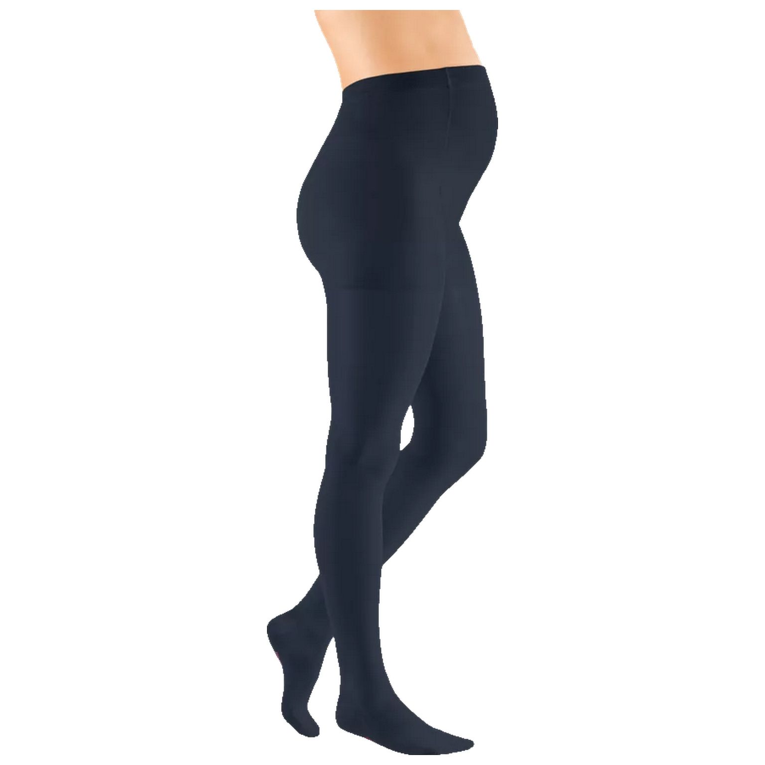 Dunkelblaue Kompressions-Umstandshose. Seitliche Ansicht einer Person, die die Hose trägt. Hoher Bund, bedeckt den Bauch.