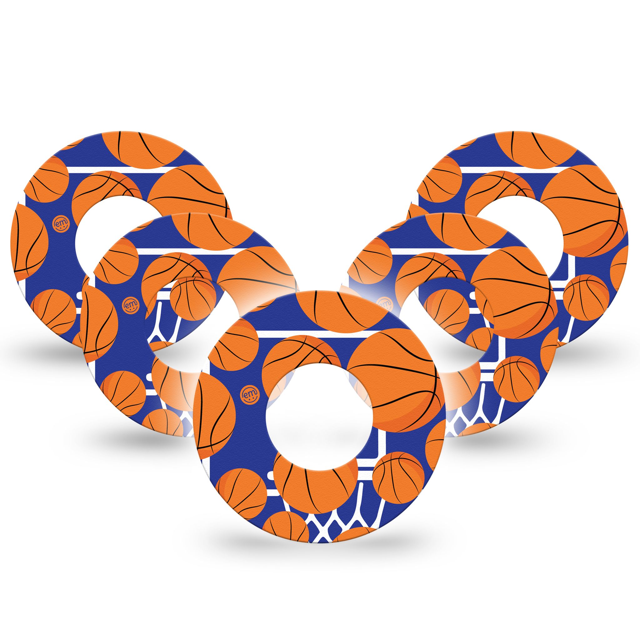 Mehrere runde Pflaster mit Basketball-Muster. Blaue Grundfarbe, orangefarbene Basketball-Motive und weiße Basketballkörbe.