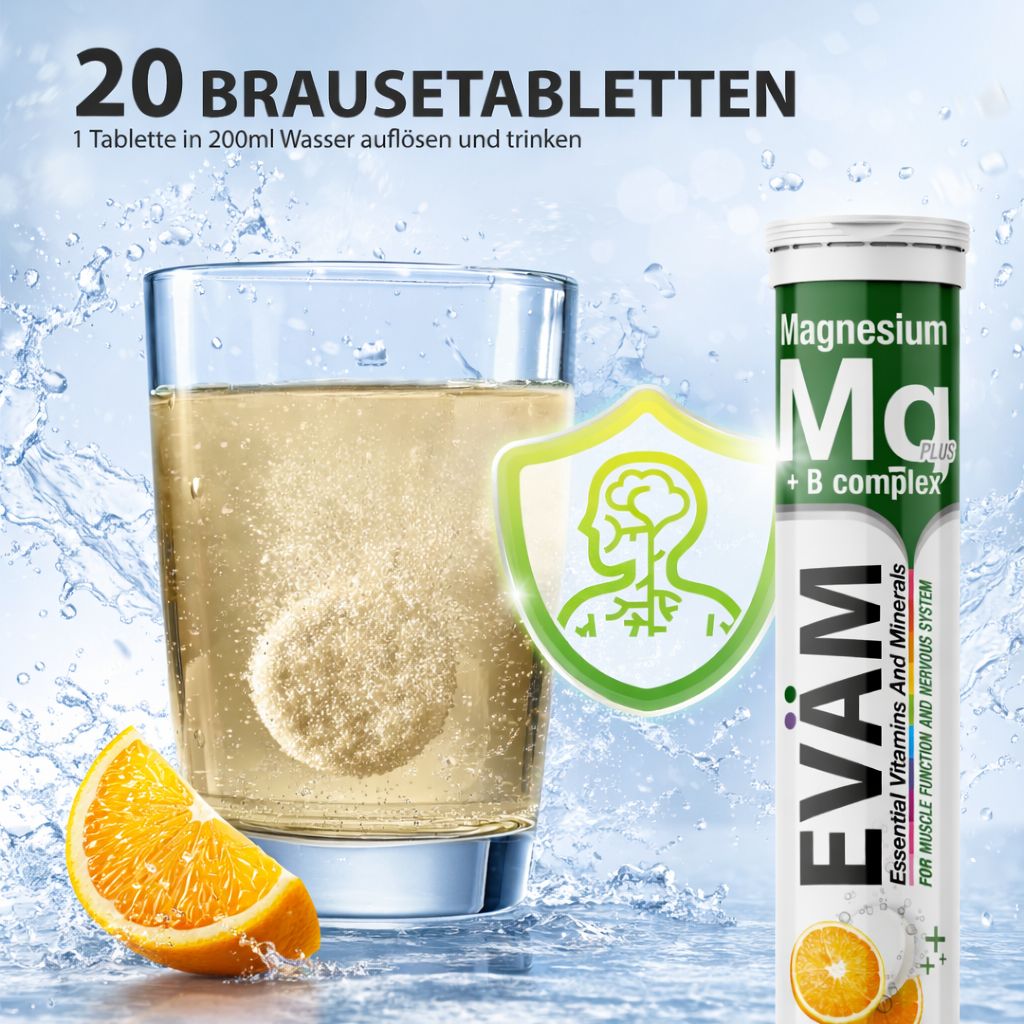 Glas Wasser mit aufgelöster Brausetablette. Tube EVÄM Magnesium + B Komplex. Text: Essential Vitamins And Minerals. Orange-Geschmack. 20 Brausetabletten.
