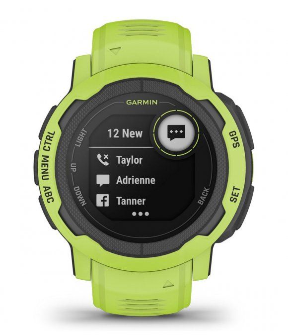 Garmin Instinct 2 Smartwatch in Limettengrün. Rundes Display mit Textnachrichten-Vorschau. Schwarzes Gehäuse mit grünen Armband. Knöpfe mit Beschriftung.