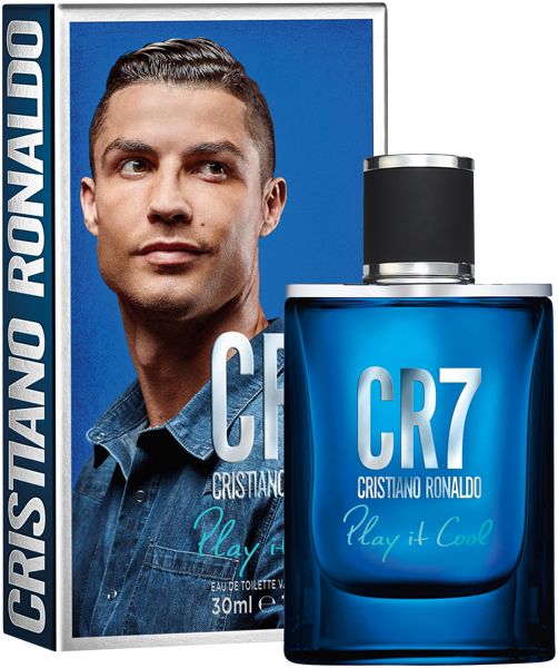 Parfümflakon und Verpackung. Aufschrift CR7, Cristiano Ronaldo, Play it Cool. Bild von Cristiano Ronaldo.