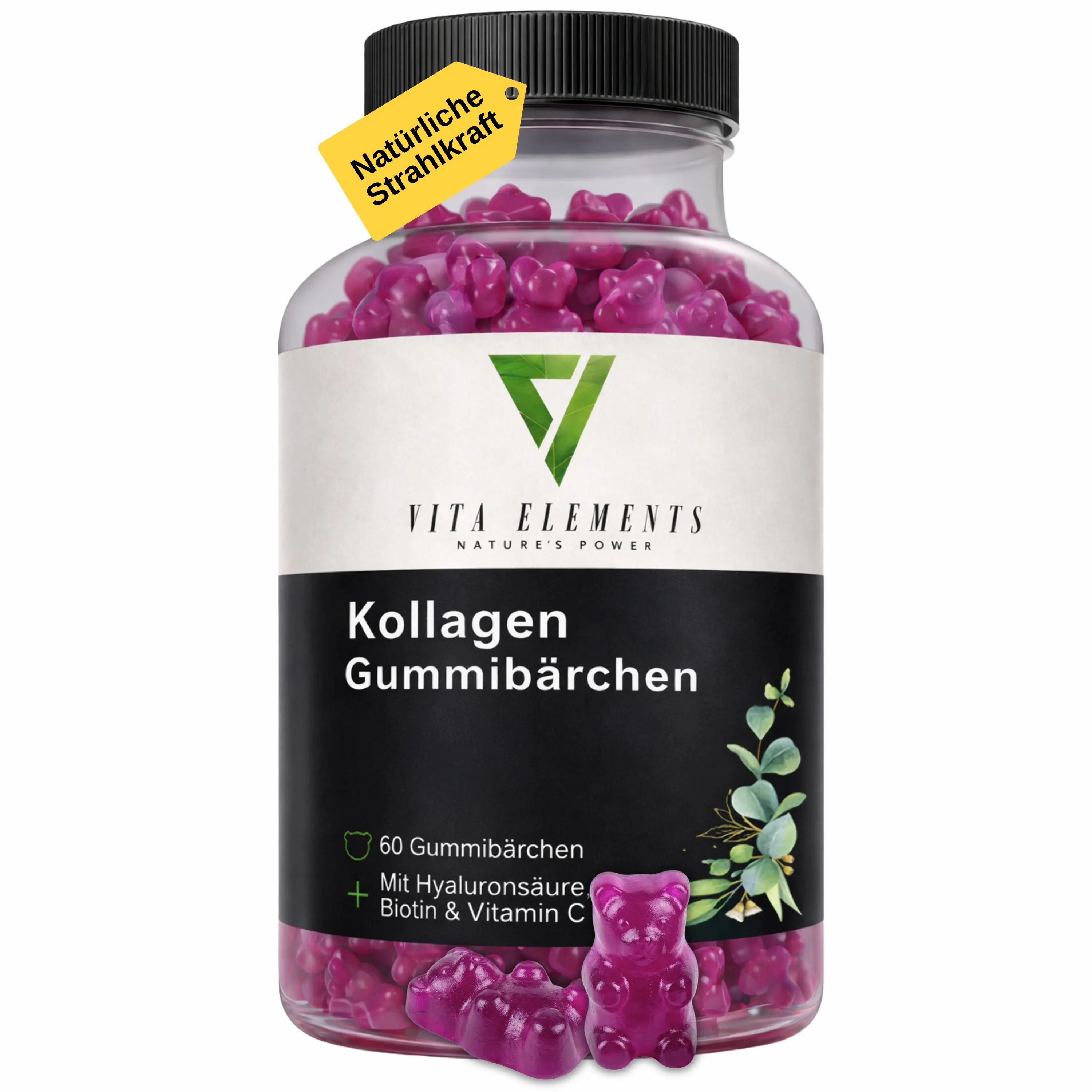 Flasche mit lila Kollagen-Gummibärchen, Vita Elements Logo, "Kollagen Gummibärchen" Aufschrift.