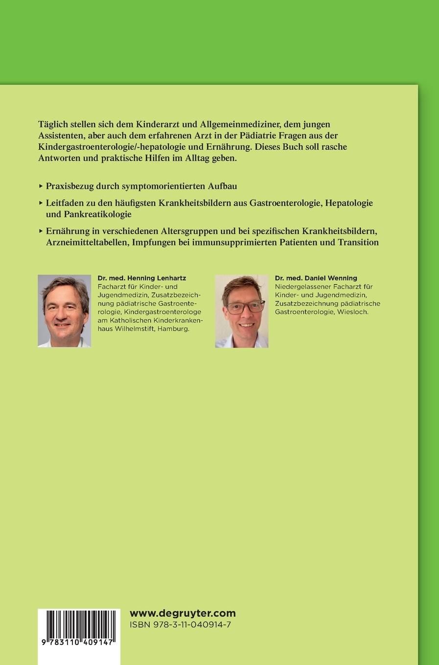 Buchrücken mit Titel: Praktische Kindergastroenterologie. Autorenfotos, Verlag, ISBN und Textauszüge.