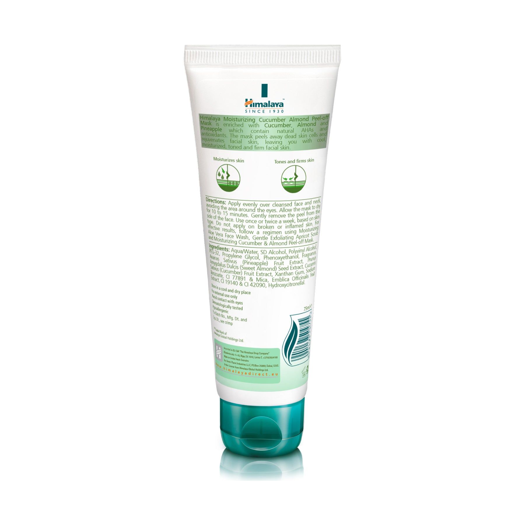 Rückseite einer Himalaya Feuchtigkeitsspendenden Gurken-Mandel-Peel-off-Maske Tube mit Anwendungshinweisen und Inhaltsstoffen.