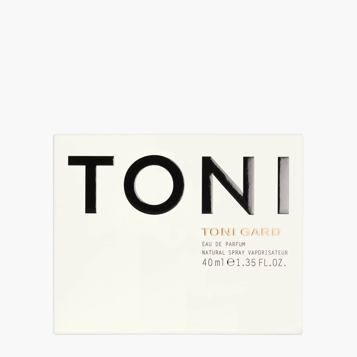 Weiße rechteckige Verpackung. Schwarzer Schriftzug TONI. Goldfarbener Schriftzug TONI GARD. Eau de Parfum, Natural Spray, 40ml.