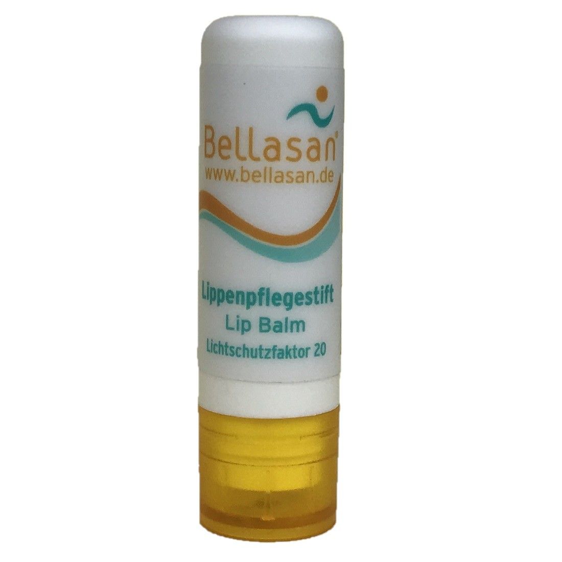 Bellasan® Lippenpflegestift, LSF 20. Weiße Hülle mit gelbem Ende. Aufschrift: Lippenpflegestift, Lip Balm, Lichtschutzfaktor 20.