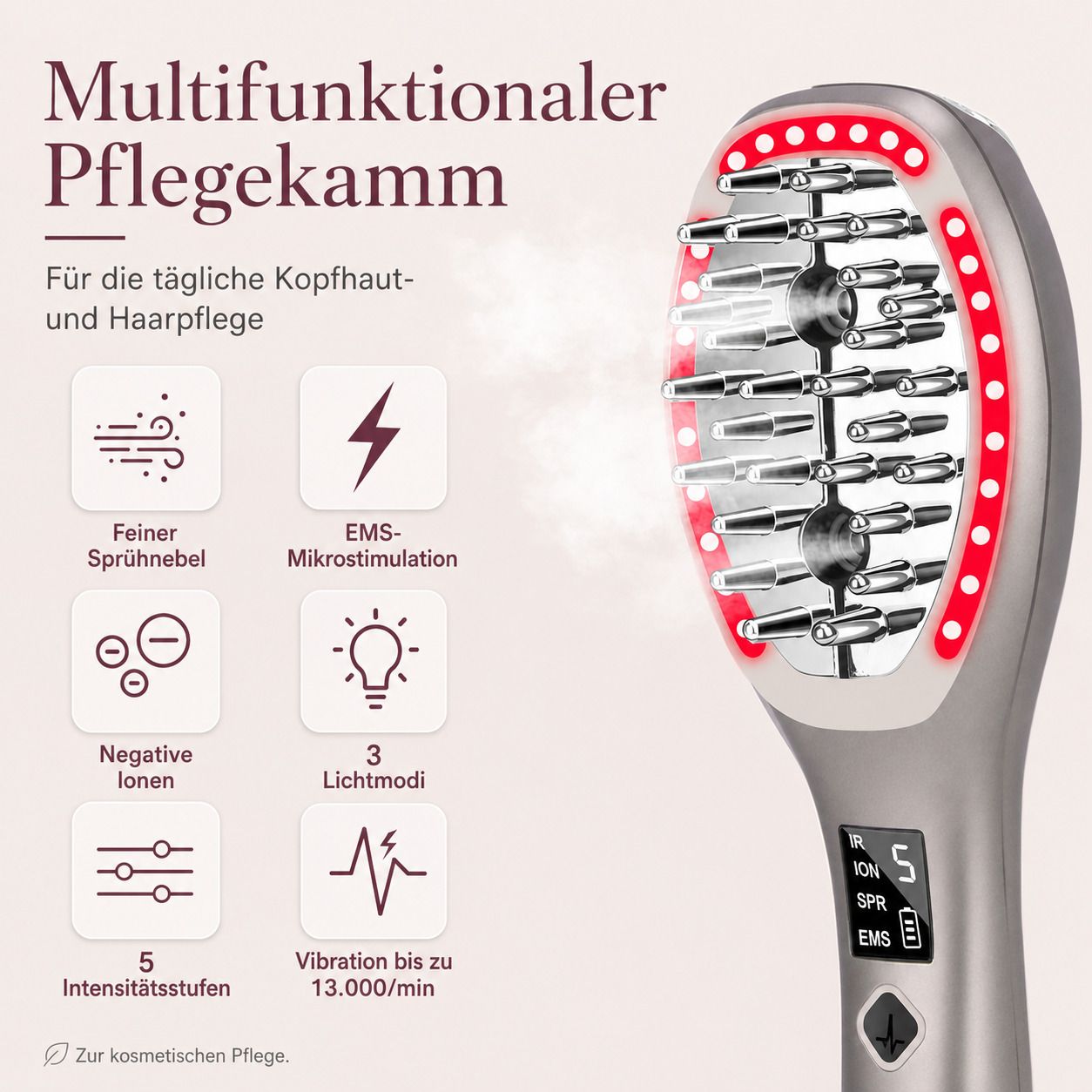 Multifunktionaler Pflegekamm mit LED-Licht, EMS, Sprühfunktion und Ionen.