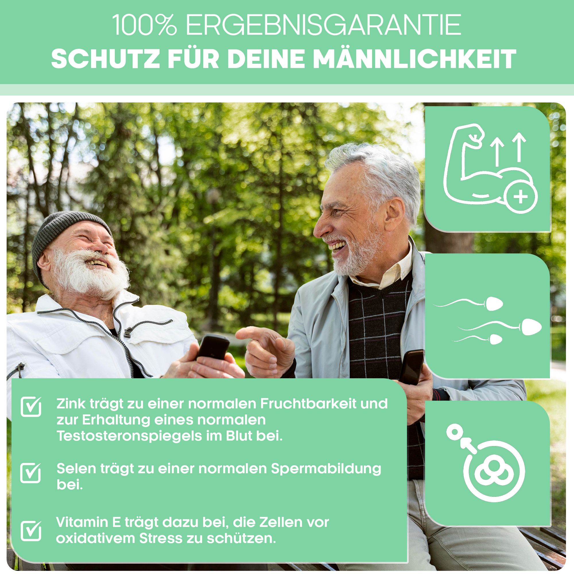 Zwei ältere Männer im Park, lächelnd. Text: Zink, Selen, Vitamin E. Illustrationen von Spermien und Muskeln.