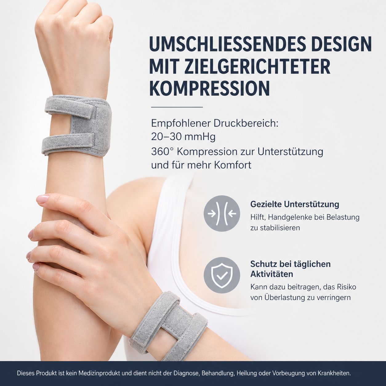 Graue Handgelenkbandagen, zwei Stück, mit Klettverschluss. Für zielgerichtete Kompression und Unterstützung.