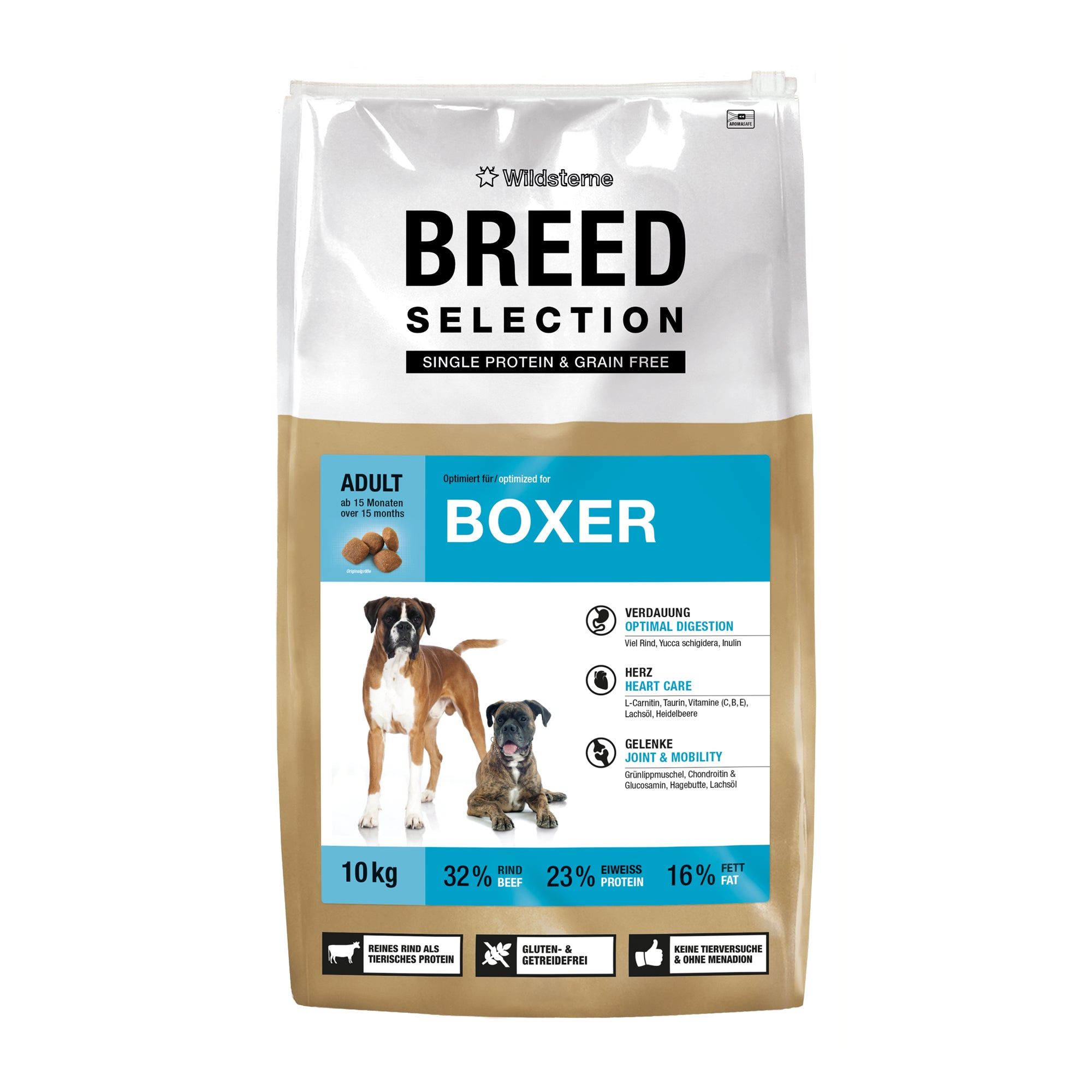 Wildsterne Breed Selection Boxer Hundefutter, 10kg Sack. Mit Rindfleisch, Protein und Fettangaben.