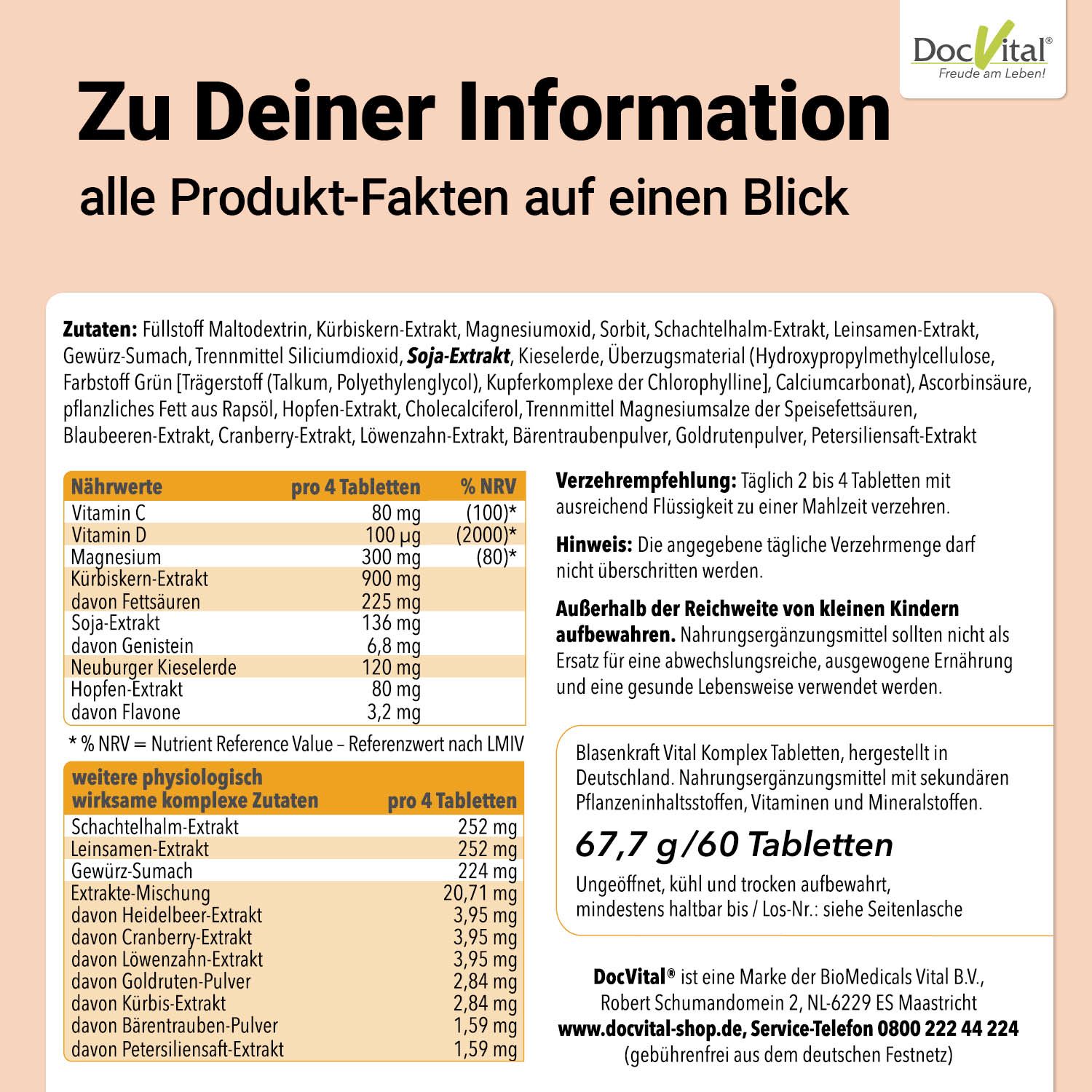 Produktinformationen: Inhaltsstoffe, Nährwerte, Verzehrempfehlung. Blasenkraft Vital Komplex Tabletten. 67,7 g / 60 Tabletten.