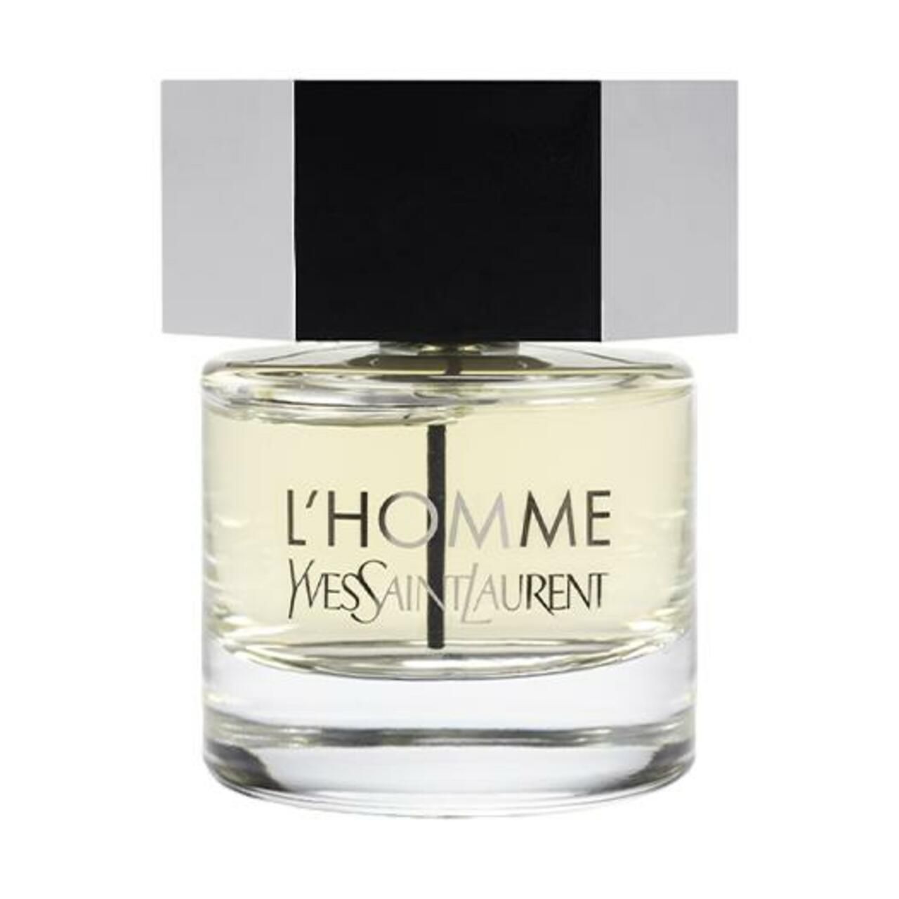 Flakon L'Homme von Yves Saint Laurent. Zylindrischer Glasflakon mit silbernem Deckel und schwarzem Mittelteil. Schriftzug L'Homme und Yves Saint Laurent.