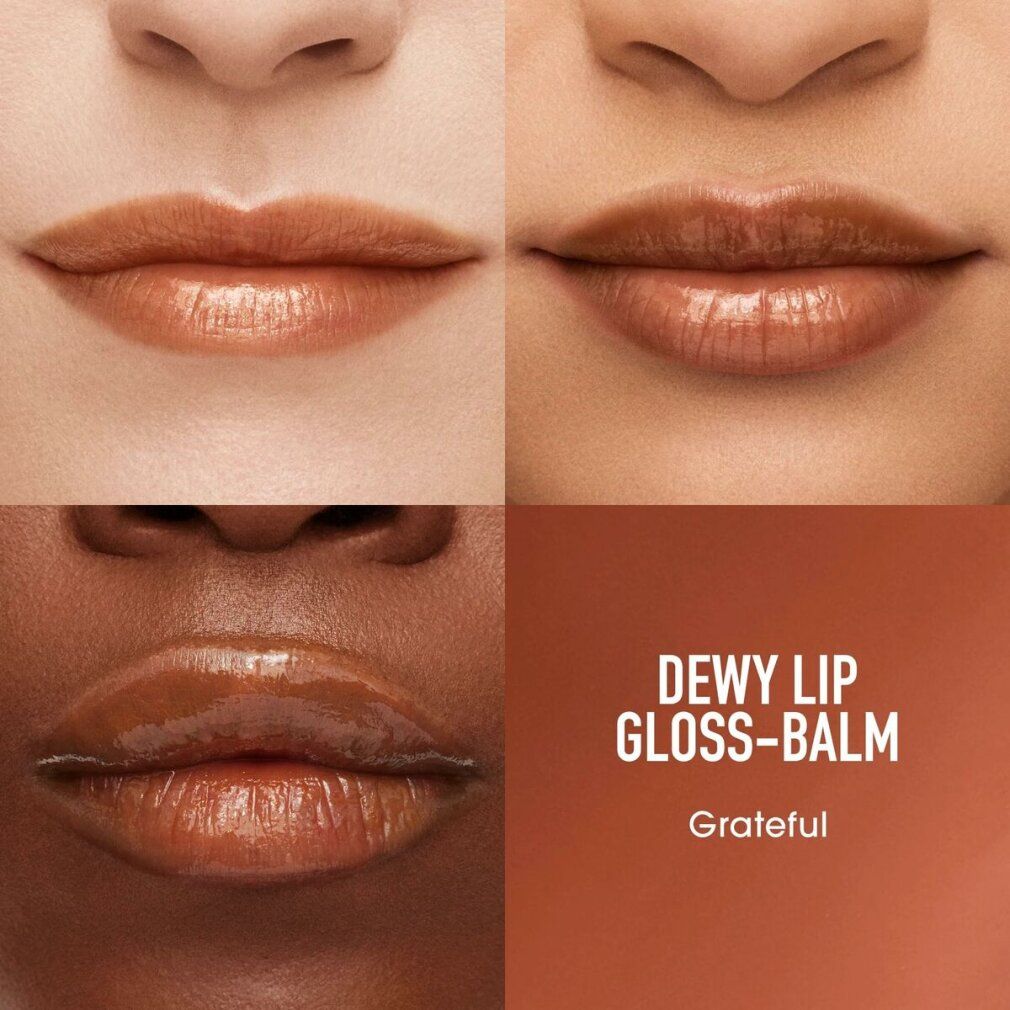 Vier Lippenbilder mit unterschiedlichen Hauttönen. Der Text "DEWY LIP GLOSS-BALM Grateful" ist auf einem braunen Hintergrund zu sehen.