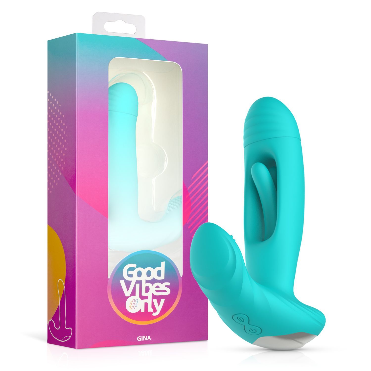 Produit de bien-être turquoise avec emballage. L'emballage porte la mention "Good Vibes Only - Gina".
