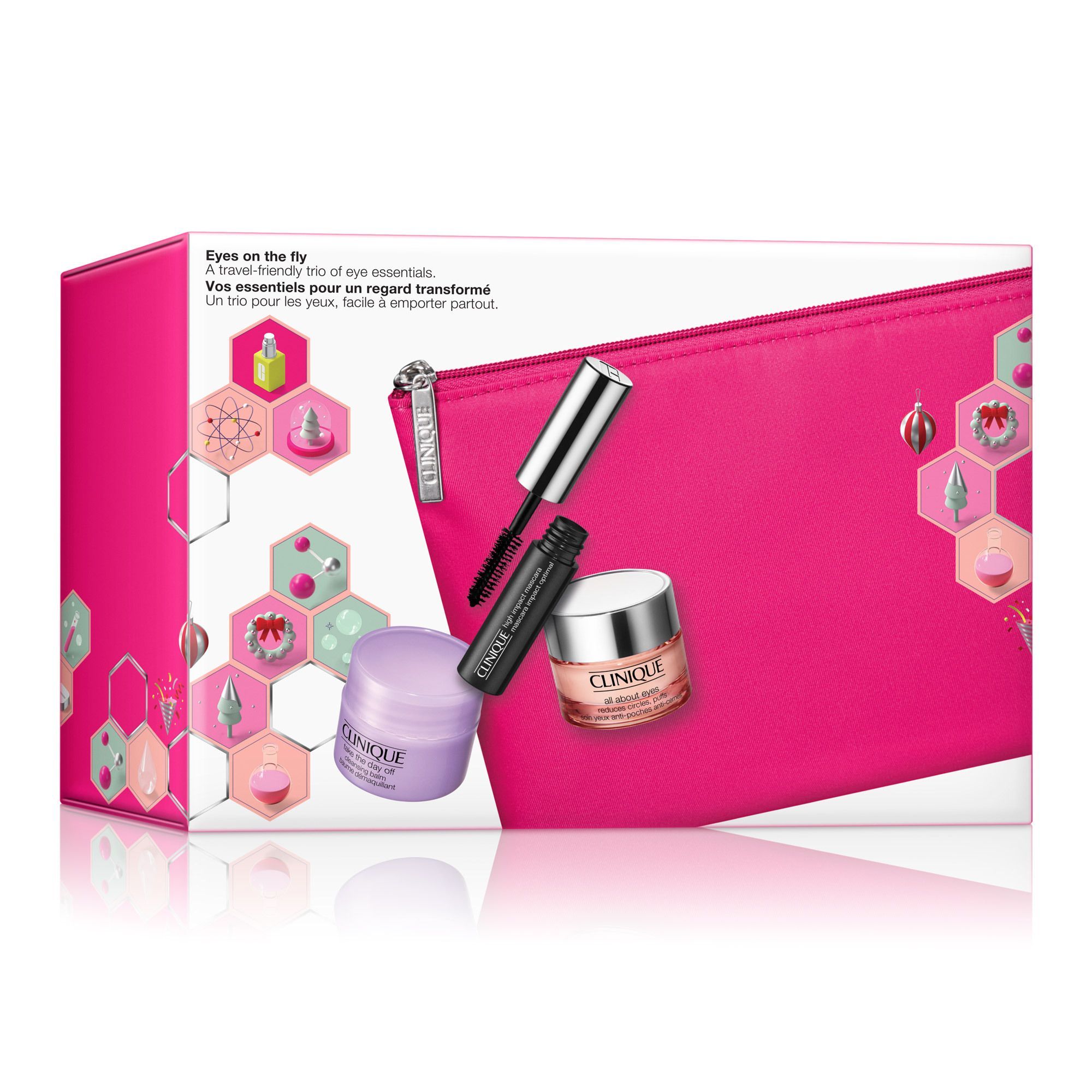 Coffret cadeau CLINIQUE Eyes on the fly. Trousse rose avec mascara, crème pour les yeux et soin des yeux. Emballage avec logo et texte.