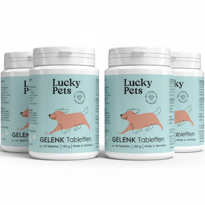 Mehrere Produktflaschen. Aufschrift: Gelenk Tabletten. Logo Lucky Pets. 100 Tabletten, 150g. Made in Germany.