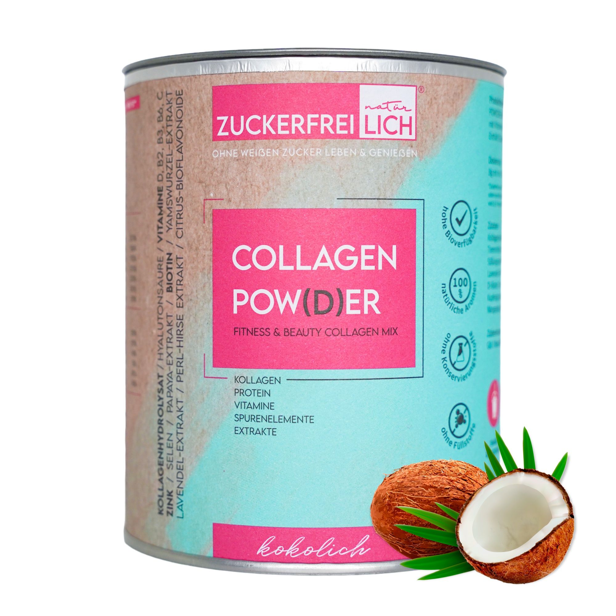 Dose ZUCKERFREIlich Collagen Pulver mit Vitaminen. Kokosnuss und Blätter daneben. Aufschrift: Collagen Pow(d)er, Fitness & Beauty Collagen Mix.