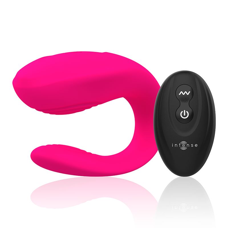 Pinkfarbener Paar-Vibrator und schwarze Fernbedienung. Die Fernbedienung hat zwei Tasten und das Logo "intense".