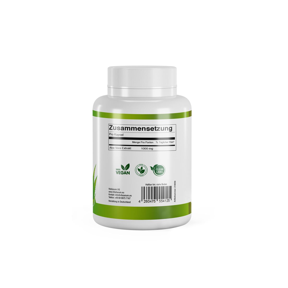 Weiße Flasche mit grünem Etikett. Text: Zusammensetzung, Aloe Vera Extract, Vegan-Siegel.