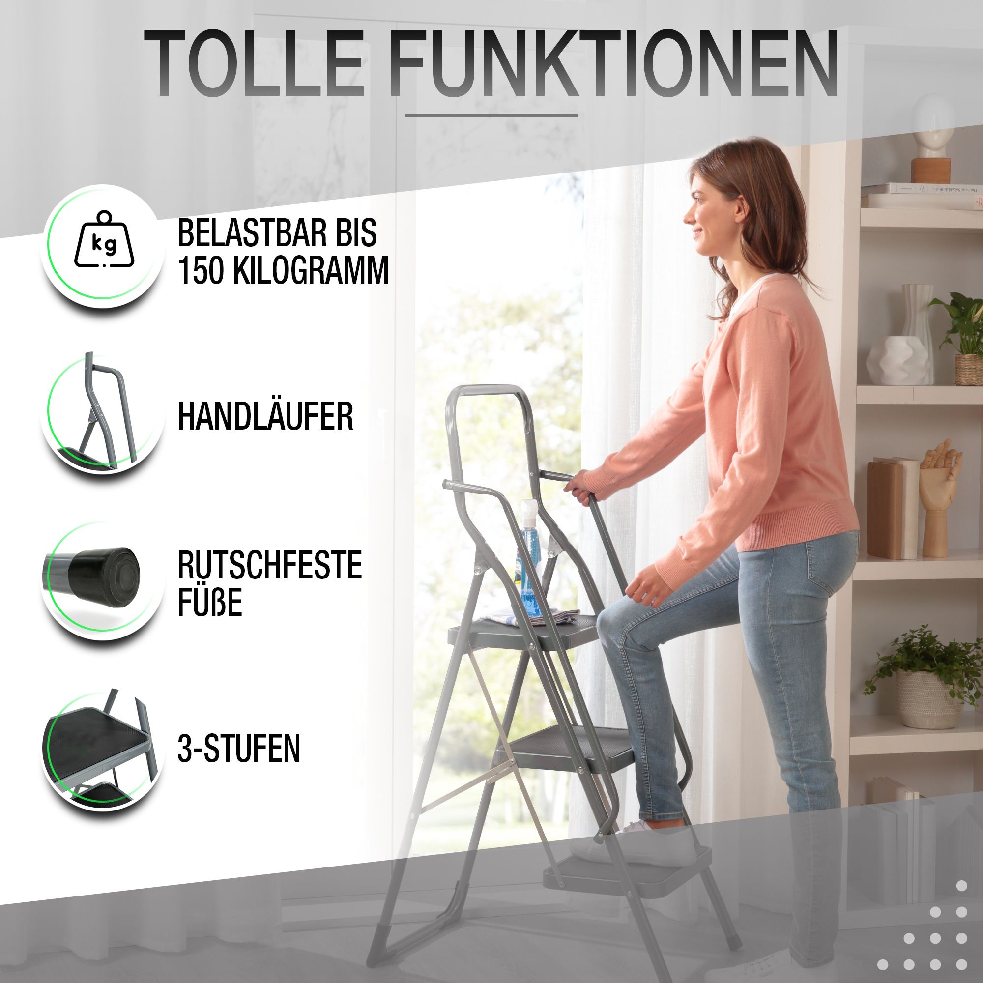 ELONEO Stehleiter 3 Stufen, extra dicke Handläufe, rutschsichere & große Trittflächen